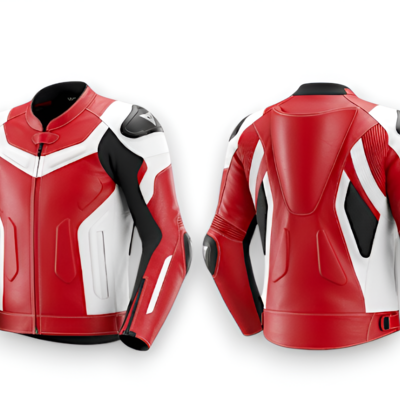 Crafted leather design red white black racing biker motorcycle jacket - Thumbnail 1
