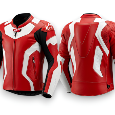 Crafted leather classic designer red white black racing biker motorcycle jacket - Thumbnail 2
