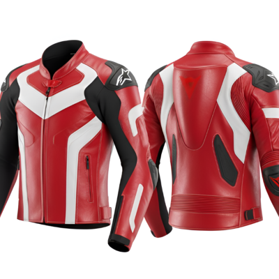 Crafted leather classic designer red white black racing biker motorcycle jacket