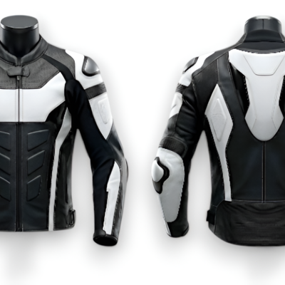 Crafted leather design black white racing biker motorcycle jacket