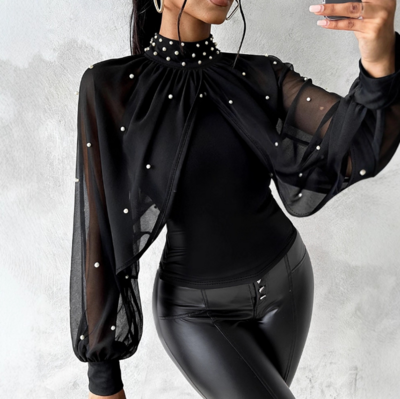High Neck Chiffon Splicing Tight Black Top