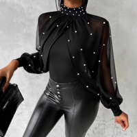 High Neck Chiffon Splicing Tight Black Top - Thumbnail 1