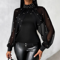 High Neck Chiffon Splicing Tight Black Top - Thumbnail 2