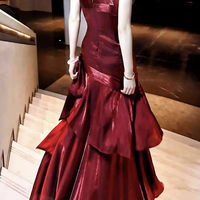 Luxury Burgundy Satin Mermaid Evening Gown - Spaghetti Strap Ruched Formal Prom Dress - Thumbnail 1