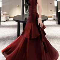 Luxury Burgundy Satin Mermaid Evening Gown - Spaghetti Strap Ruched Formal Prom Dress - Thumbnail 2
