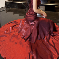 Luxury Burgundy Satin Mermaid Evening Gown - Spaghetti Strap Ruched Formal Prom Dress - Thumbnail 3