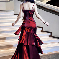 Luxury Burgundy Satin Mermaid Evening Gown - Spaghetti Strap Ruched Formal Prom Dress - Thumbnail 4