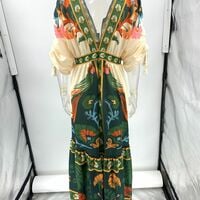 V-neck retro ethnic style printed linen dress - Thumbnail 1