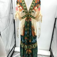 V-neck retro ethnic style printed linen dress - Thumbnail 2