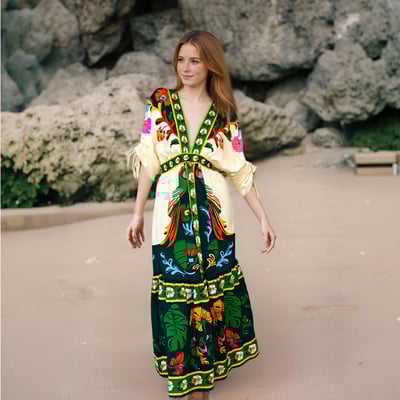 V-neck retro ethnic style printed linen dress