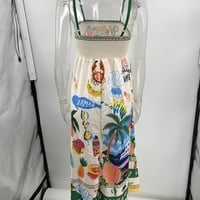 Spaghetti strap graffiti print sleeveless flared cotton linen dress - Thumbnail 3
