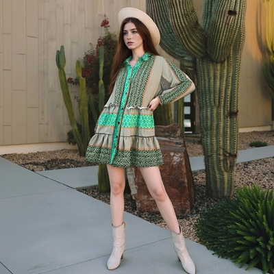 Printed cotton-linen three-quarter sleeve short dress