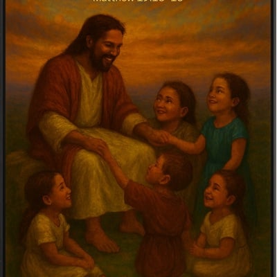Divine embrace - jesus with children at sunset