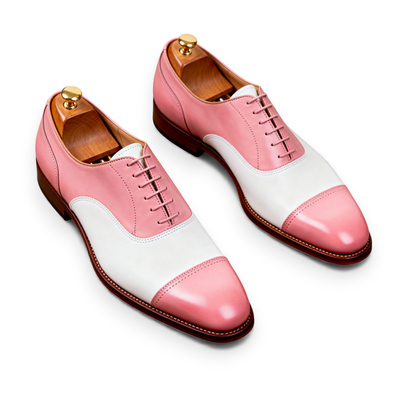 Crafted leather mens pink white leather lace up saddle golf shoes