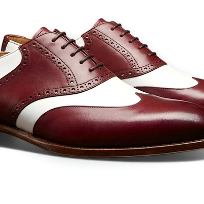 Crafted leather mens burgundy white leather wingtip lace up saddle golf shoes