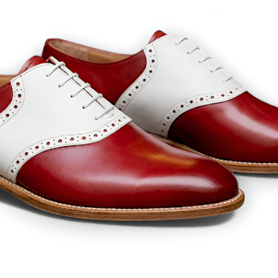 Crafted leather mens red white leather lace up saddle golf shoes