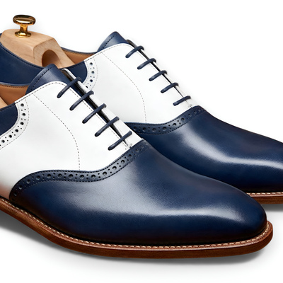 Crafted leather mens blue white leather lace up saddle golf shoes