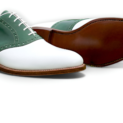 Crafted leather mens green white leather lace up saddle golf dress shoes