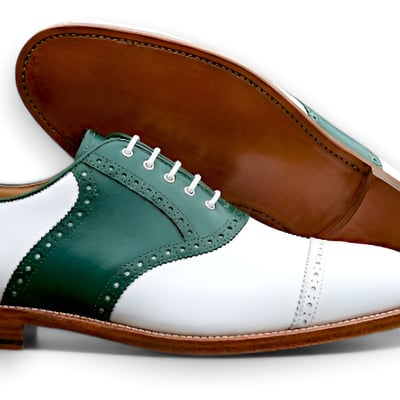 Crafted leather mens green white leather lace up saddle golf dress shoes