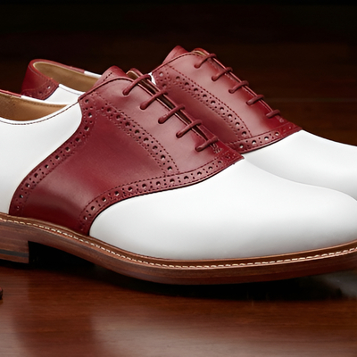 Crafted leather mens burgundy white leather lace up saddle golf dress shoes