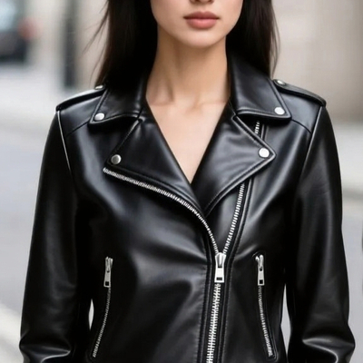 Crafted leather classic designer women black leather fashion jacket motorcycle - Thumbnail 1