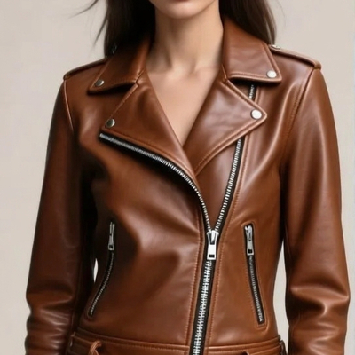 Crafted leather classic designer women brown leather fashion jacket motorcycle - Thumbnail 1