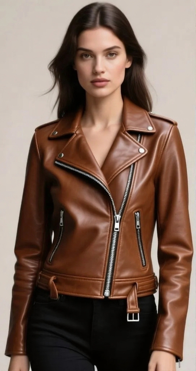 Crafted Leather Classic Designer Women Brown Leather Fashion Jacket Motorcycle