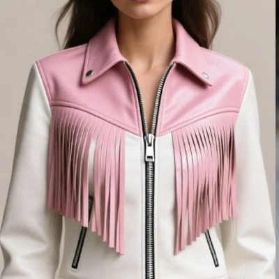 Crafted leather classic designer women pink white leather fashion jacket motorcycle
