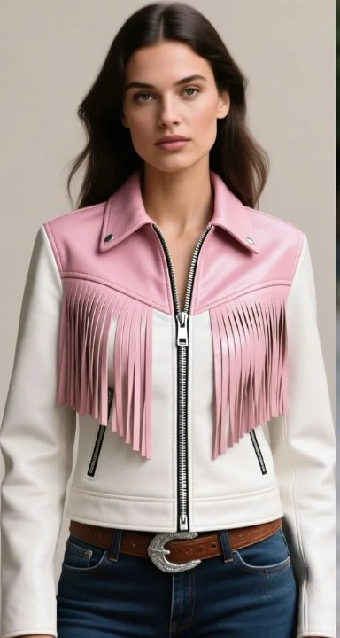 Crafted Leather Classic Designer Women Pink White Leather Fashion Jacket Motorcycle
