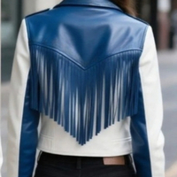 Crafted Leather Classic Designer Women Blue White Leather Fashion Jacket Motorcycle - Thumbnail 1