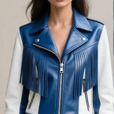 Crafted leather classic designer women blue white leather fashion jacket motorcycle