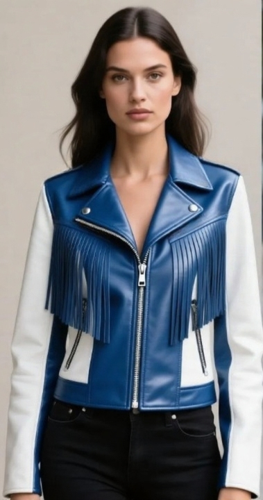 Crafted Leather Classic Designer Women Blue White Leather Fashion Jacket Motorcycle