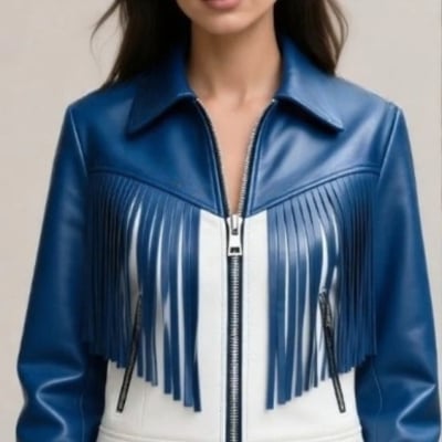 Crafted leather classic designer women blue white leather fashion jacket motorcycle - Thumbnail 1