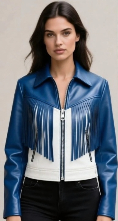 Crafted Leather Classic Designer Women Blue White Leather Fashion Jacket Motorcycle