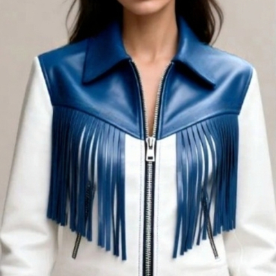 Crafted leather classic designer women blue white leather fashion jacket motorcycle - Thumbnail 2