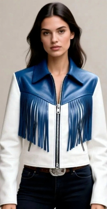 Crafted Leather Classic Designer Women Blue White Leather Fashion Jacket Motorcycle