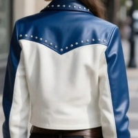 Crafted Leather Classic Designer Women Blue White Silver Studded Leather Fashion Jacket Motorcycle - Thumbnail 1