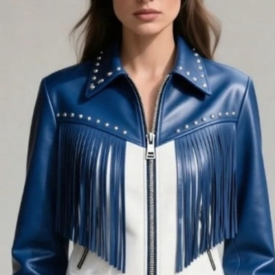 Crafted leather classic designer women blue white silver studded leather fashion jacket motorcycle - Thumbnail 1