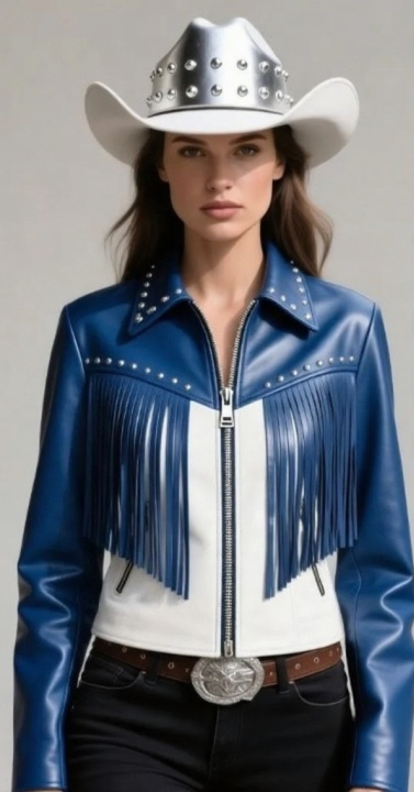 Crafted Leather Classic Designer Women Blue White Silver Studded Leather Fashion Jacket Motorcycle