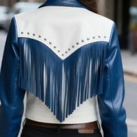 Crafted Leather Classic Designer Women Blue White Silver Studded Leather Fashion Jacket Motorcycle - Thumbnail 1