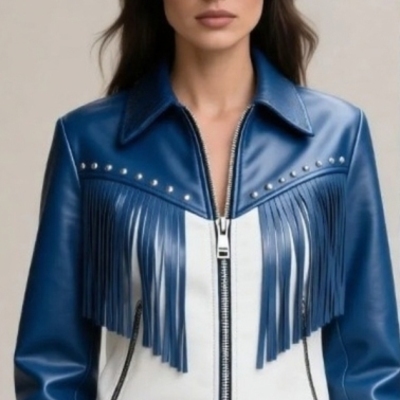 Crafted leather classic designer women blue white silver studded leather fashion jacket motorcycle - Thumbnail 1