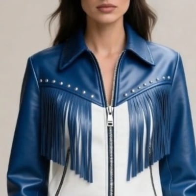 Crafted leather classic designer women blue white silver studded leather fashion jacket motorcycle - Thumbnail 1