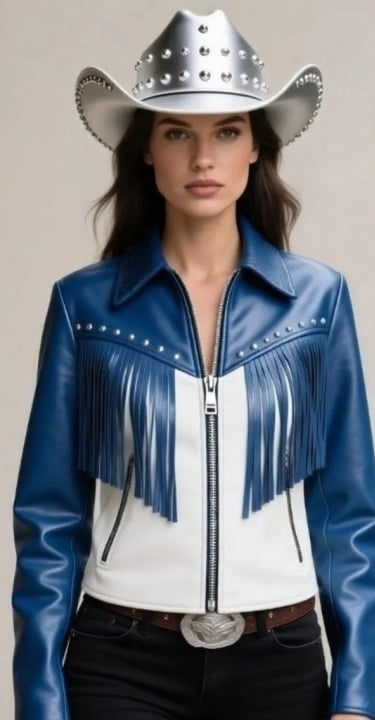 Crafted Leather Classic Designer Women Blue White Silver Studded Leather Fashion Jacket Motorcycle