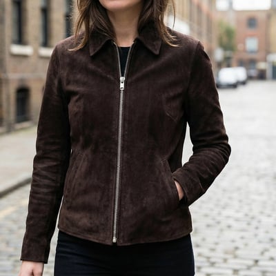 Crafted leather classic designer women dark brown suede leather fashion jacket motorcycle - Thumbnail 2