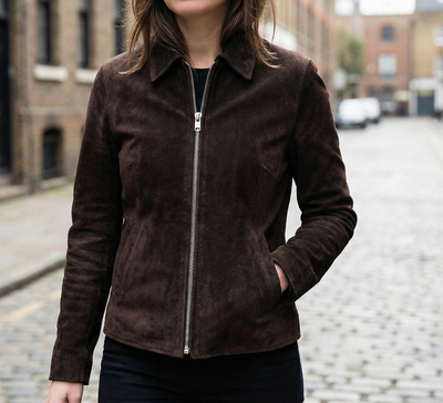 Crafted Leather Classic Designer Women Dark Brown Suede Leather Fashion Jacket Motorcycle