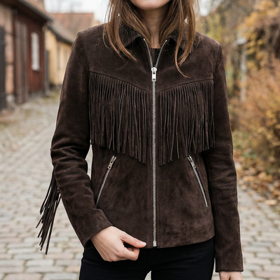 Crafted leather classic designer women dark brown suede leather fashion jacket motorcycle - Thumbnail 1