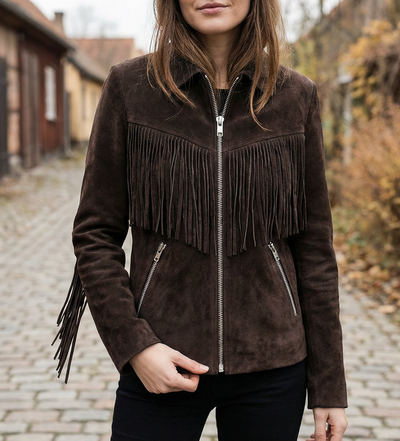 Crafted Leather Classic Designer Women Dark Brown Suede Leather Fashion Jacket Motorcycle