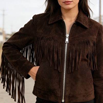 Crafted leather classic designer women dark brown suede leather fashion jacket motorcycle - Thumbnail 2