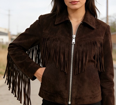Crafted Leather Classic Designer Women Dark Brown Suede Leather Fashion Jacket Motorcycle