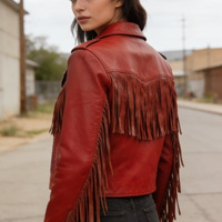 Crafted Leather Classic Designer Red Leather Fashion Jacket Motorcycle - Thumbnail 1